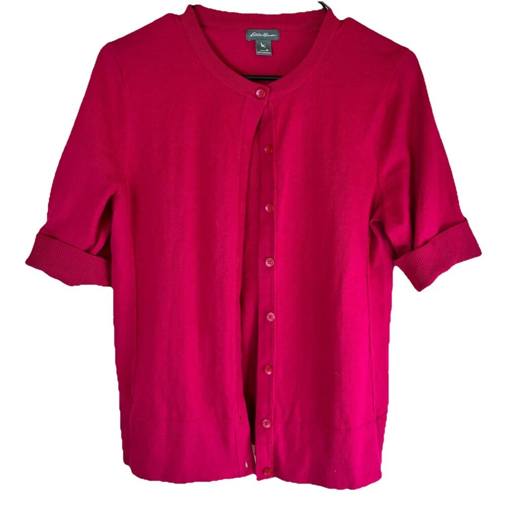 Eddie Bauer Women’s Pink Red Short Sleeve Button Down Sweater Size M